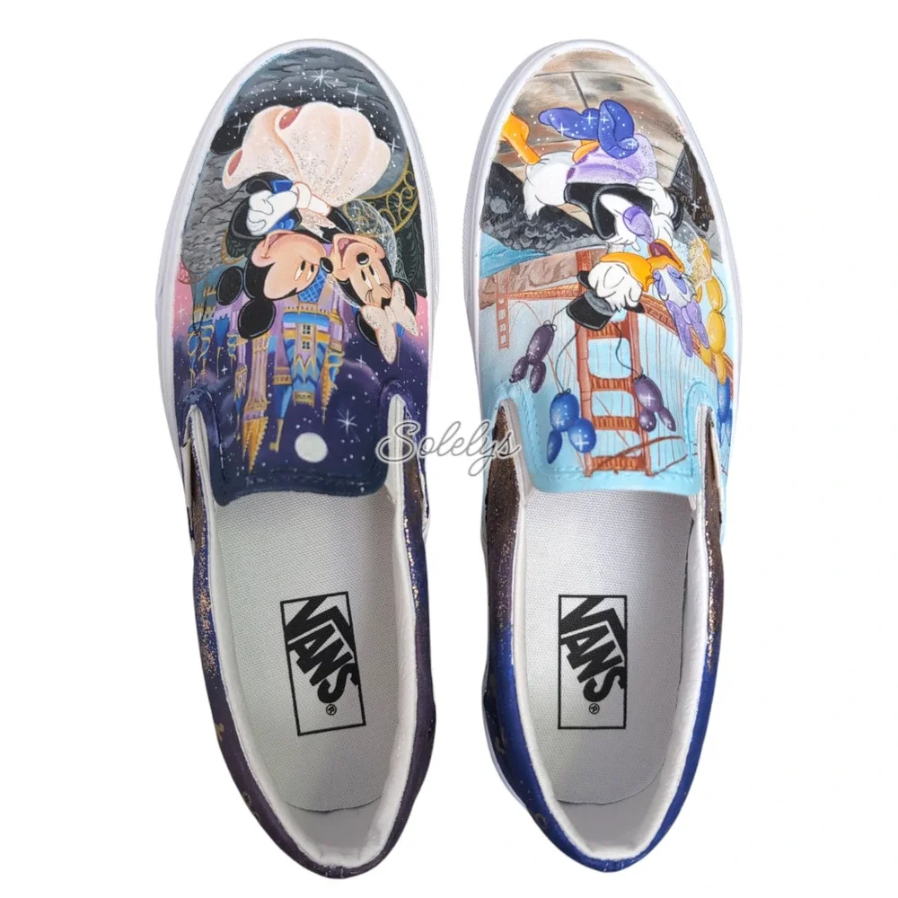 VANS Disney Womens 10 Custom Painted Slip Ons Mickey Minnie Donald Daisy Duck